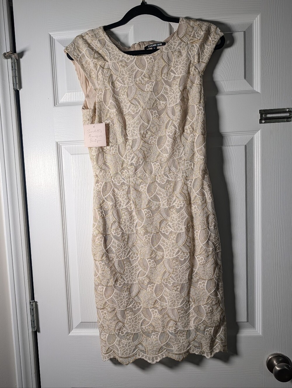 Gianni Bini Size 4 Ivory Gold Metallic Lace Embroidered Midi Cocktail Dress